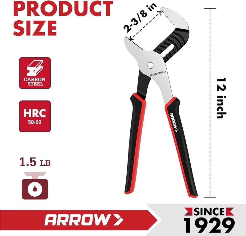 Arrow Fastener ARROW 12-Inch Groove Joint Pliers, Adjustable Water Pump Pliers with TPR Handle, High Carbon Steel Tongue and Groove Plier for Plumbing, Automotive and Household Repairs - Image 2